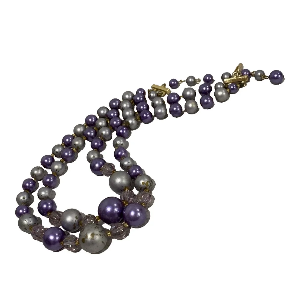 Vintage Mid Century Two Strand Choker Necklace Purple Gray Beaded Signed Japan